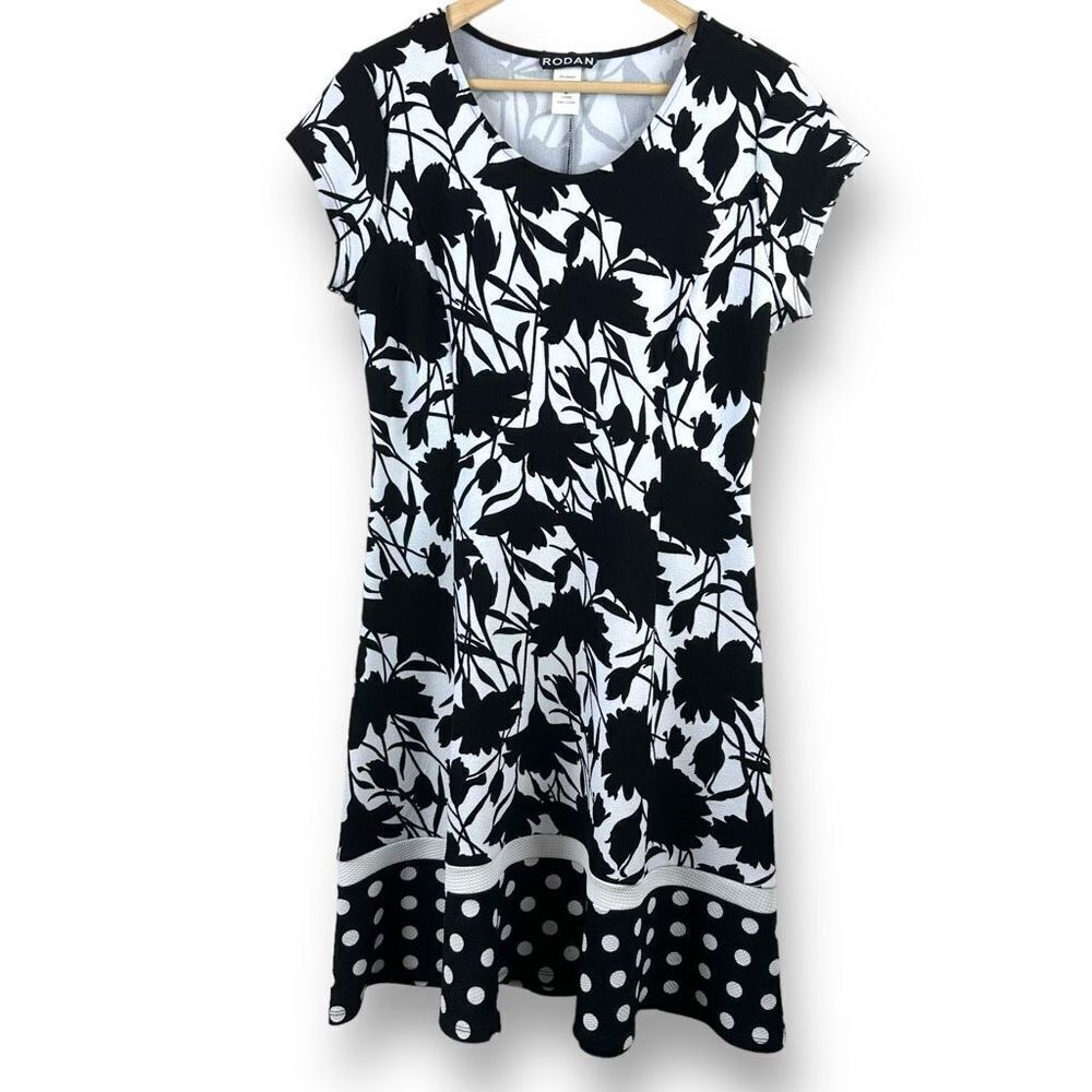 Rodan Black and‎ White Mixed Print Fit and Flair Cap Sleeve Dress Size M